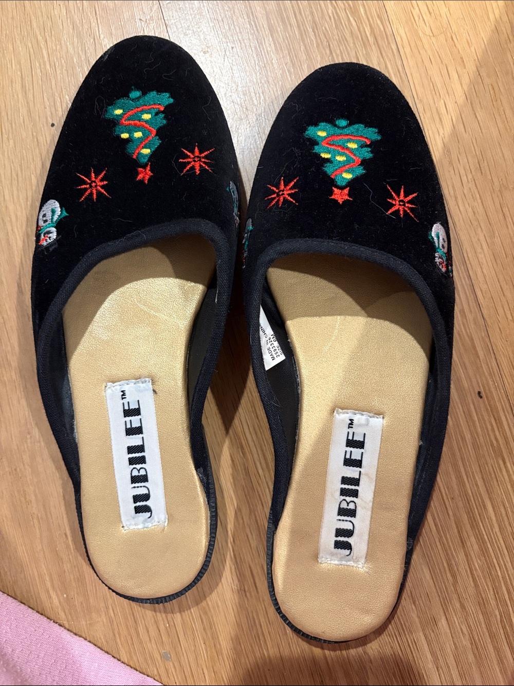 Sz 6 Christmas slip ons - Jubilee Black Velvet Embroidered Slip-On Mules